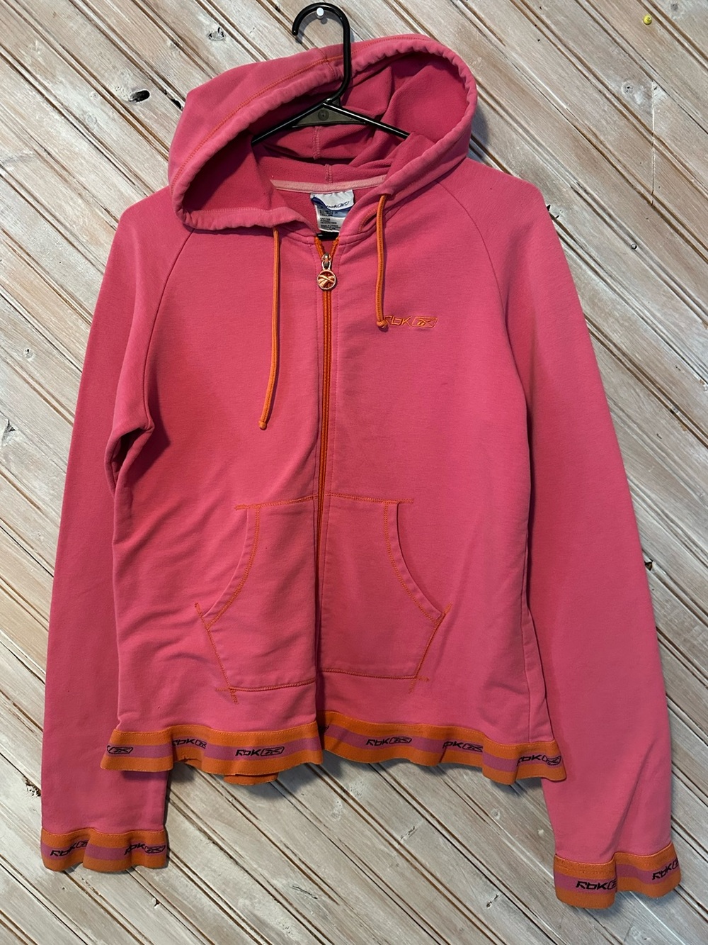 Reebok Pink Zip-Up Hoodie Orange Band Trim Embroidered Logo Retro Colourful
